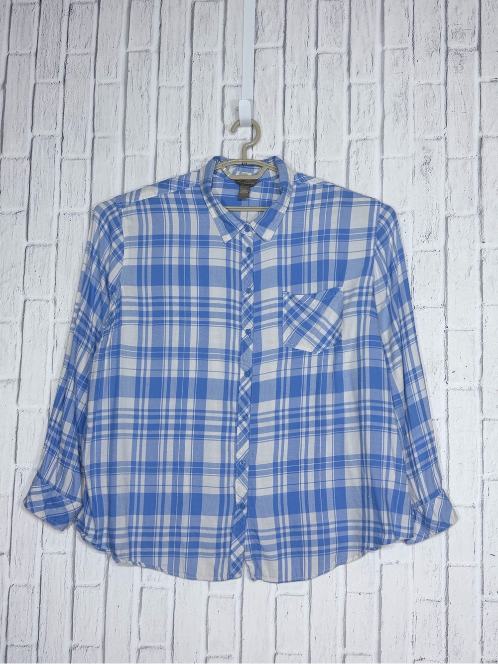 💙 BRIT & BRIDLE Blue White Plaid Oversized Button Down Shirt 3X